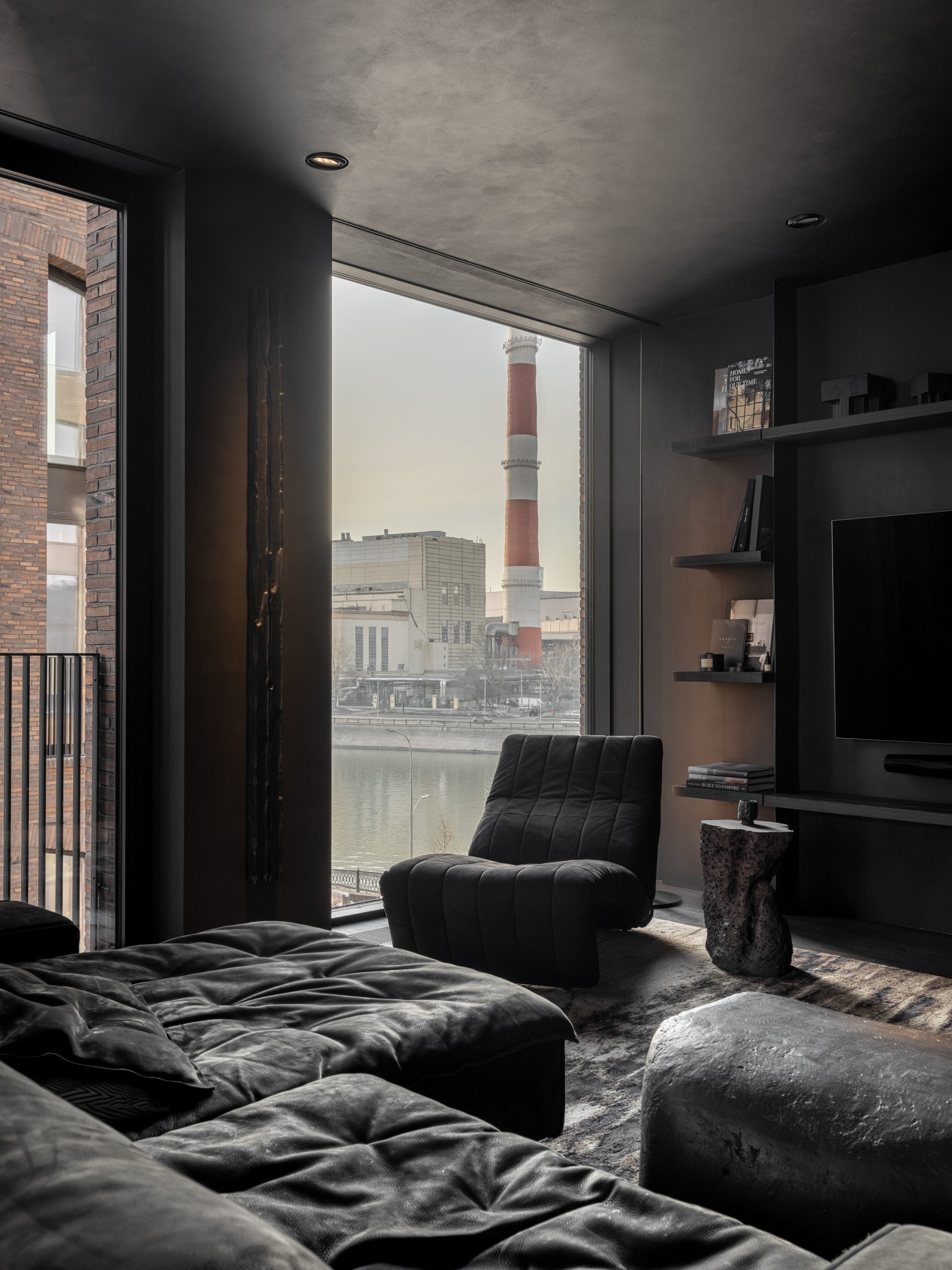 salon décoration design appartement contemporain intégralement noir