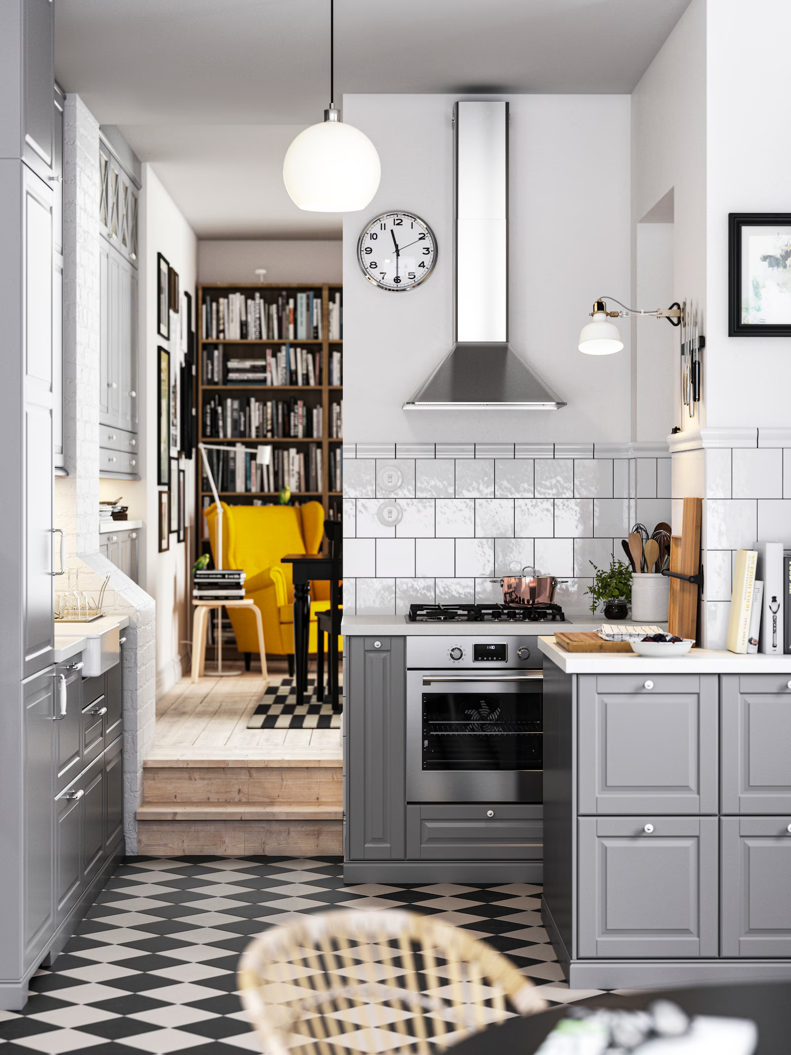 cuisine IKEA grise BODBYN sol à damier noir et blanc cuisine IKEA grise BODBYN sol à damier noir et blanc