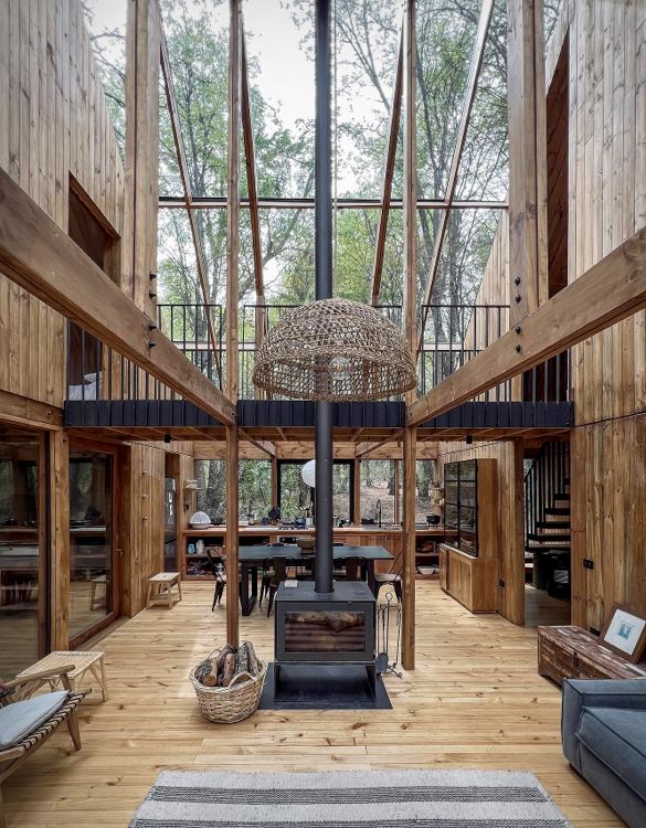 salon avec verrière maison en bois décoration contemporaine