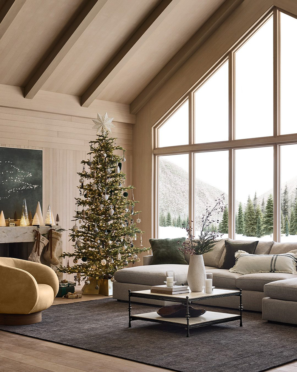 salon maison en bois avec baie vitrée décoration Noël Crate & Barrel salon maison en bois avec baie vitrée décoration Noël Crate & Barrel