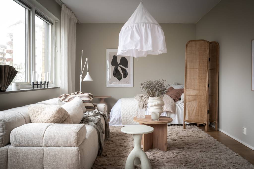 pièce principale studio 35m2 décoration scandinave en tons naturels