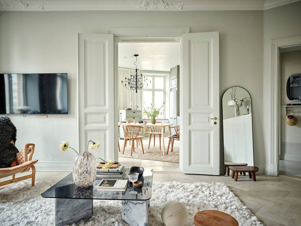 salon avec bibliothèque moulures et rosaces décoration scandinave appartement 80m2 salon avec bibliothèque moulures et rosaces décoration scandinave appartement 80m2