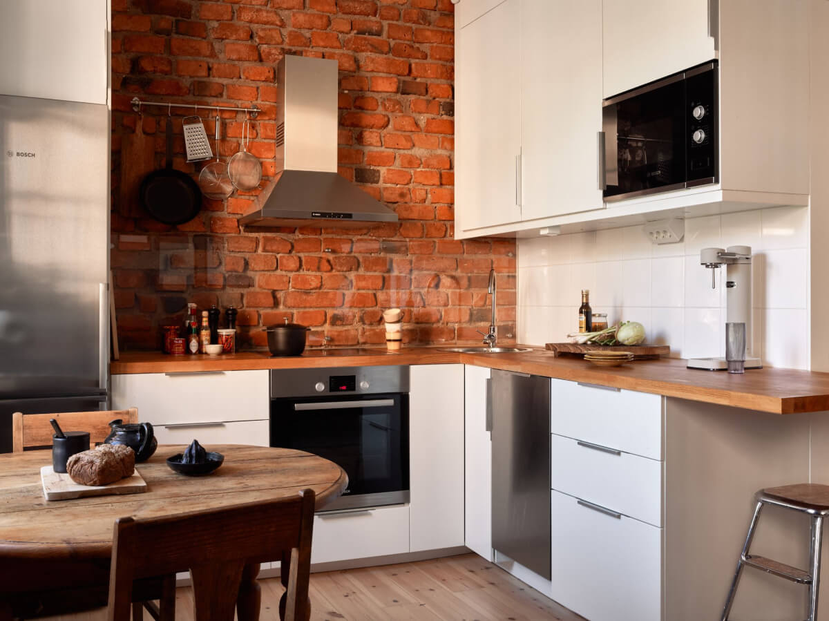 cuisine design murs briques anciennes