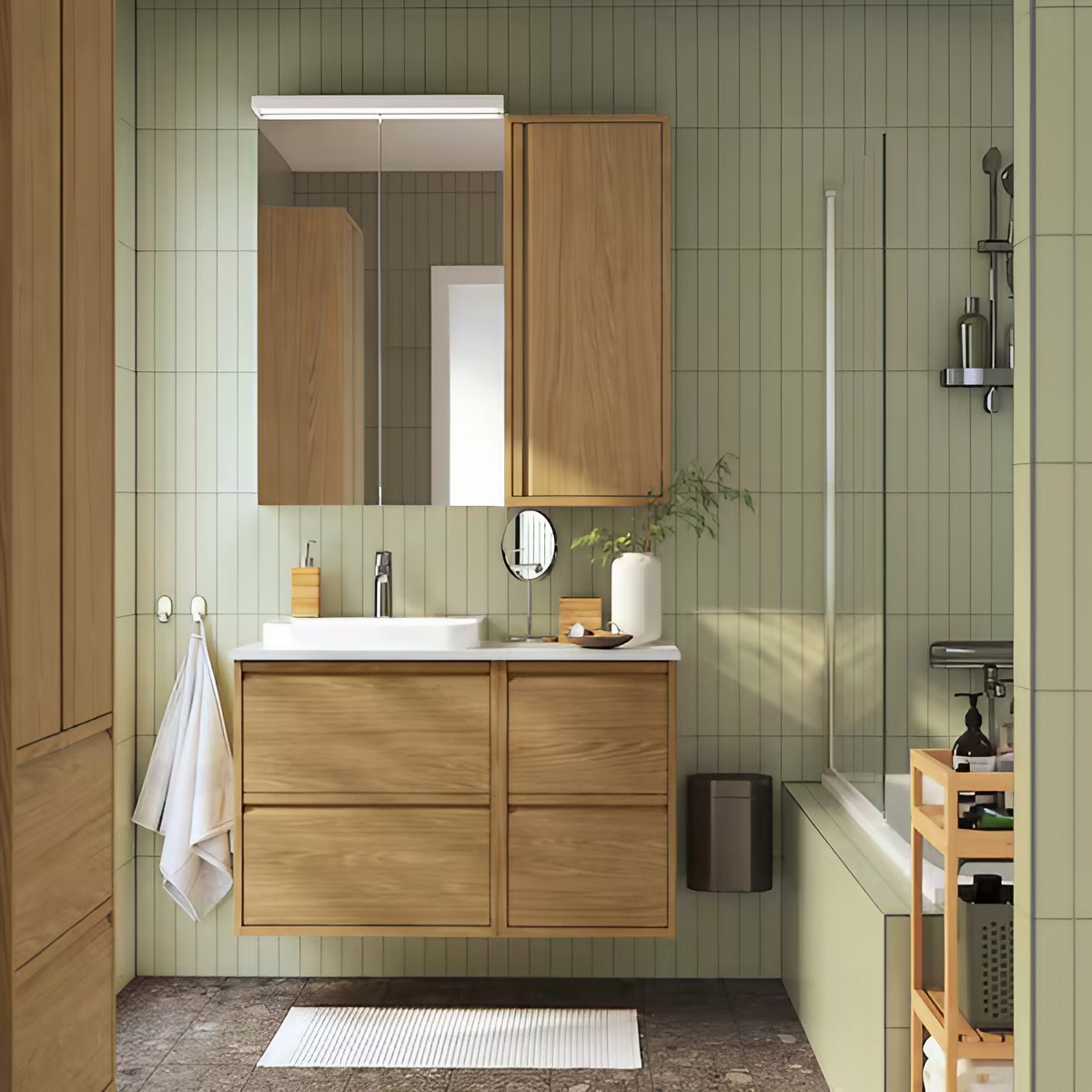 salle de bain verte décoration bois