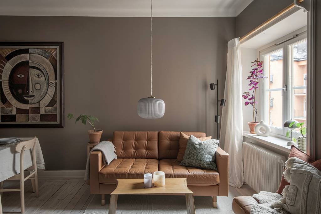salon studio de 27m2 aux murs couleur Mocha Mousse
