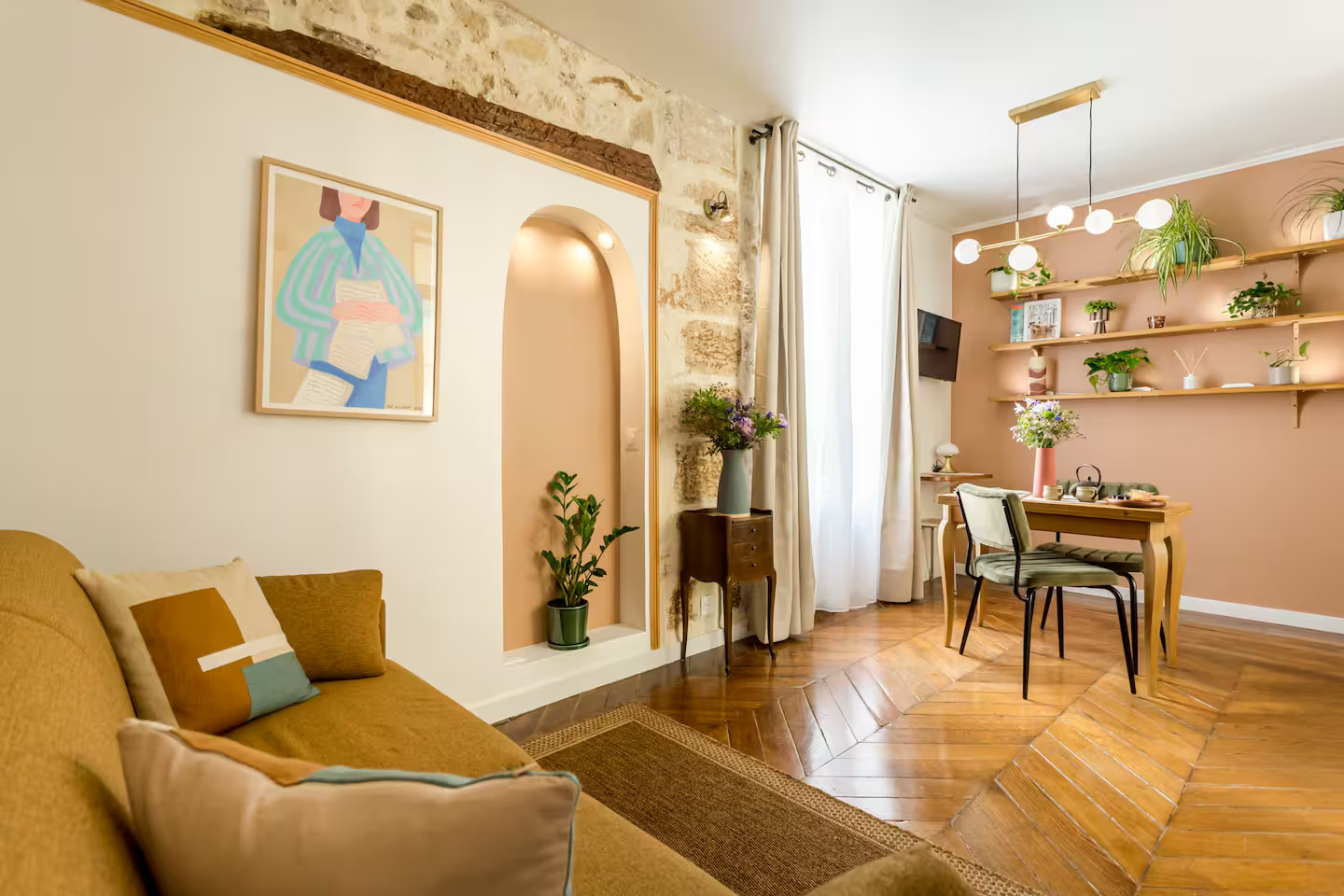 salon et salle à manger mur terracotta appartement Paris