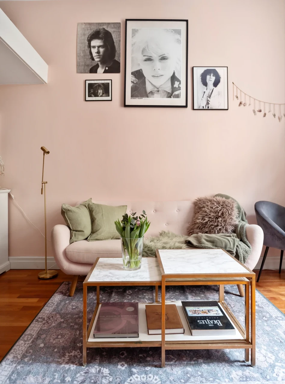 salon avec mezzanine studio 34m2 décoration rose