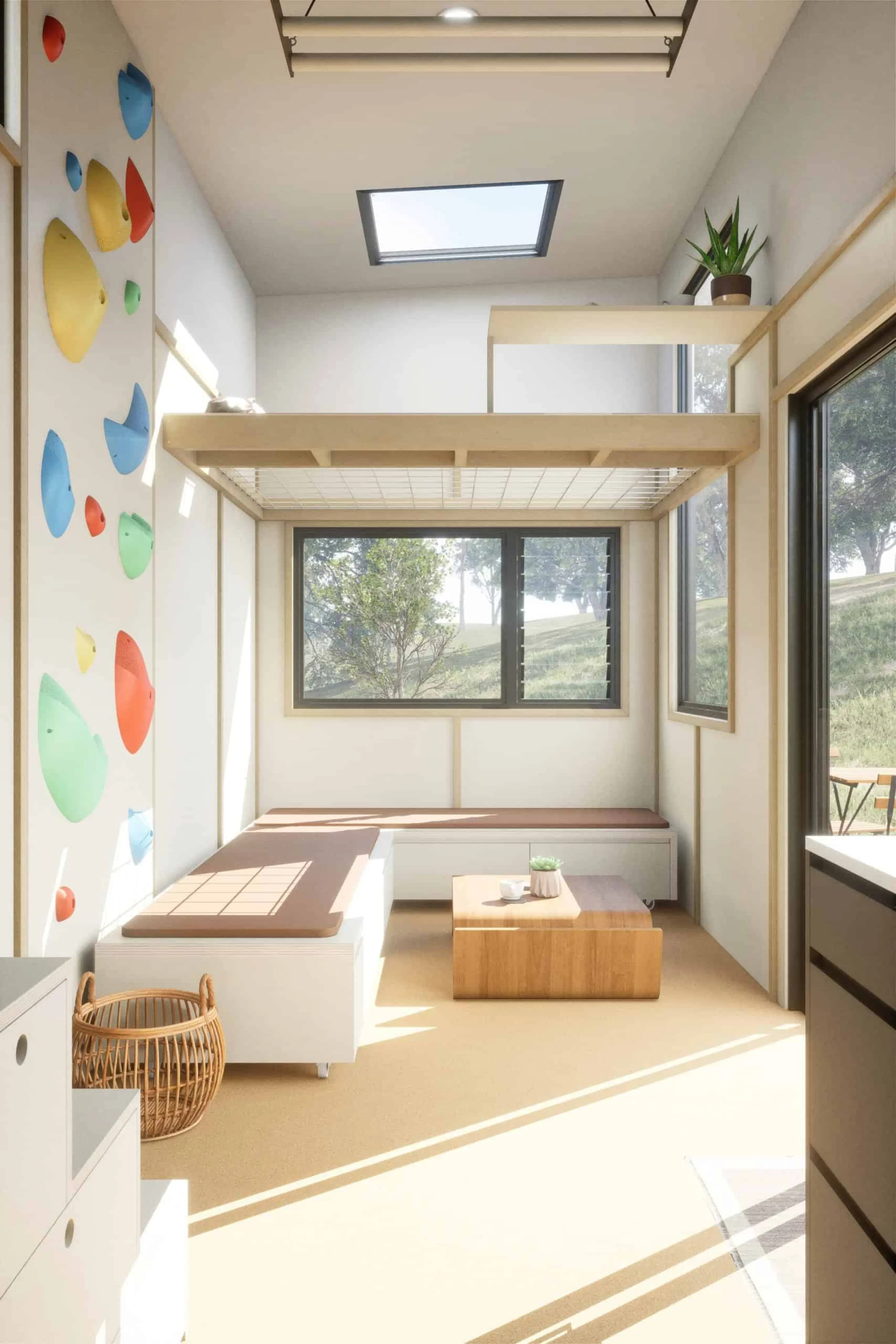 intérieur avec mur d intérieur avec mur d'escalade tiny house 21m2 Funhouse Konpak Tiny Homes