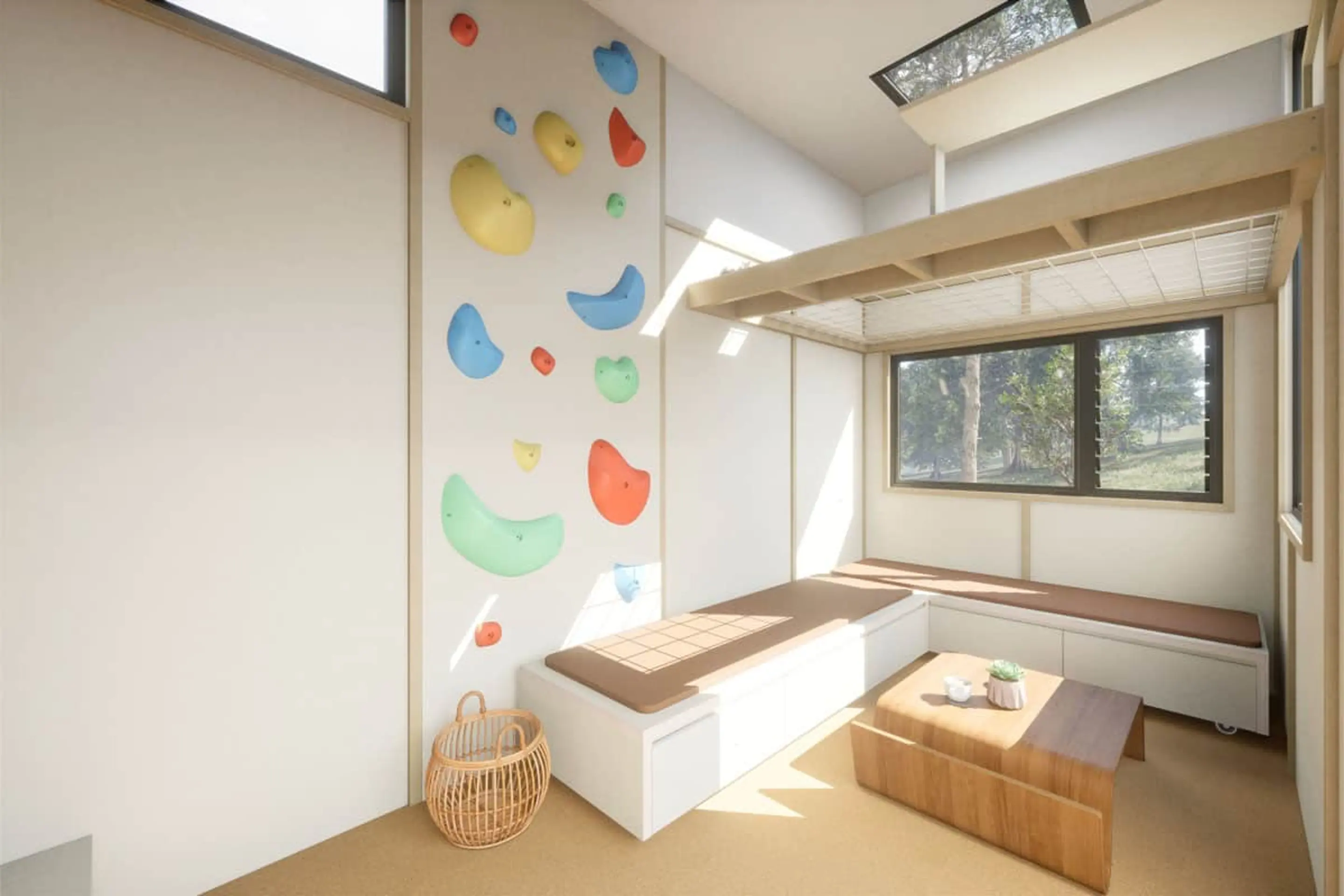 intérieur avec mur d intérieur avec mur d'escalade tiny house 21m2 Funhouse Konpak Tiny Homes