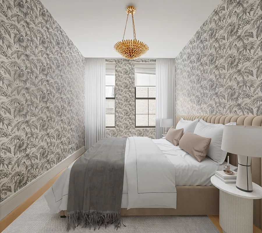 chambre murs papier-peint noir et blanc végétal décoration contemporaine