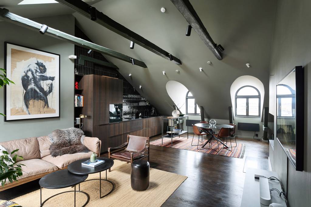 salon et cuisine appartement mansardé avec poutres