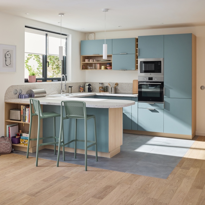 cuisine Leroy Merlin 2025 bleue et terrazzo