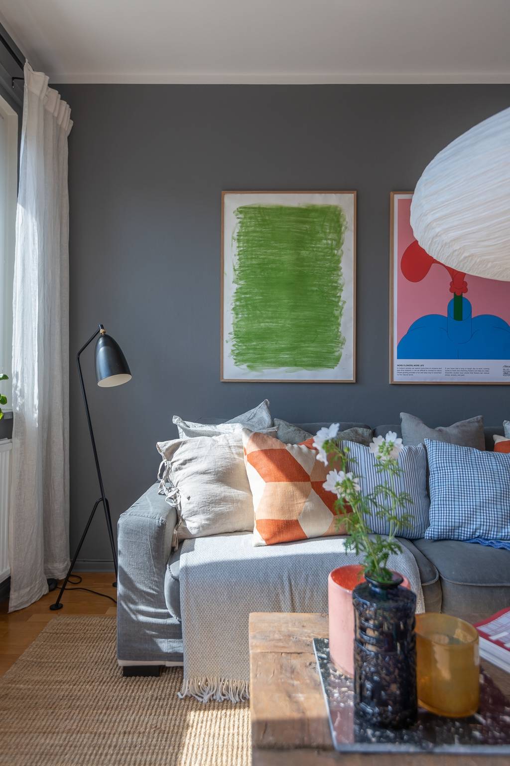 salon murs gris deux-pièces 46m2