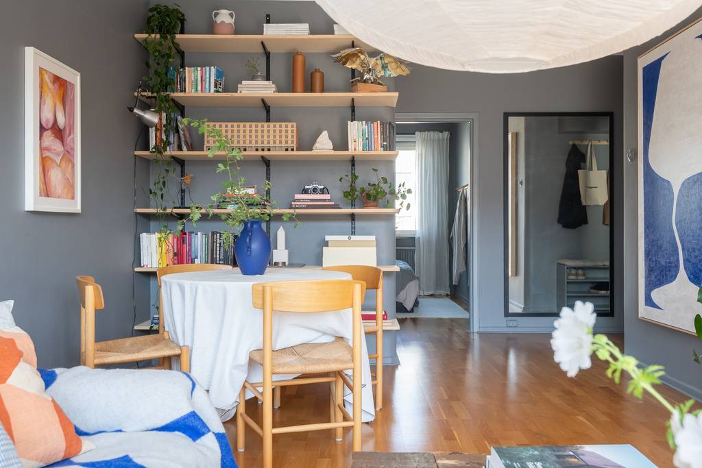salon murs gris deux-pièces 46m2