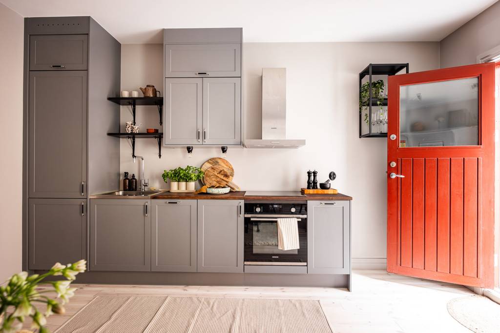 cuisine ouverte grise décoration scandinave deux-pièces 40m2 cuisine ouverte grise décoration scandinave deux-pièces 40m2