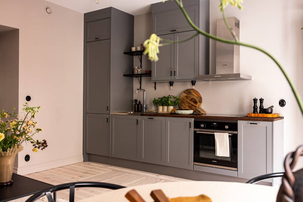 cuisine ouverte grise décoration scandinave deux-pièces 40m2 cuisine ouverte grise décoration scandinave deux-pièces 40m2