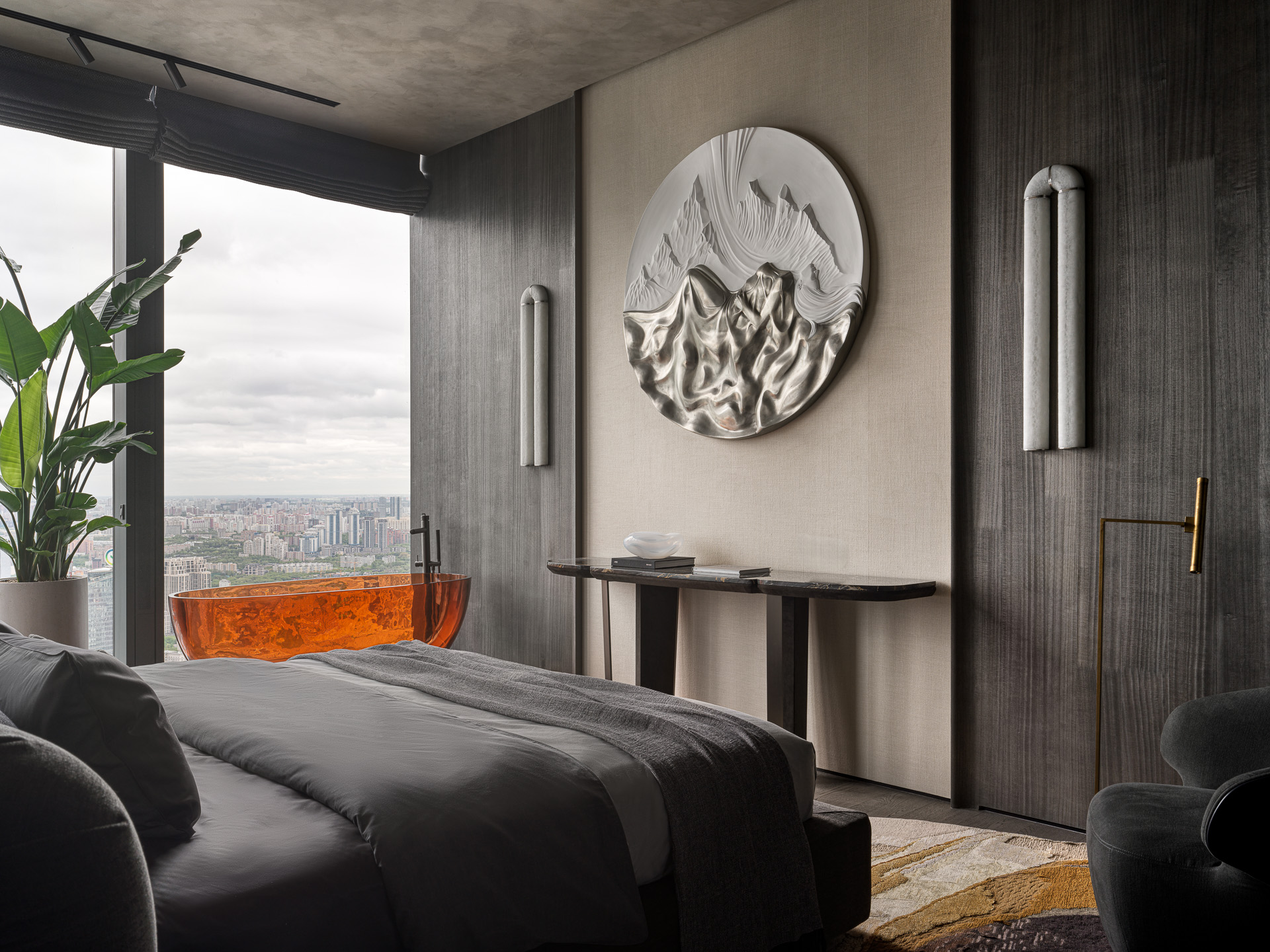 chambre contemporaine avec baignoire ambrée transparente orange et baies vitrées chambre contemporaine avec baignoire ambrée transparente orange et baies vitrées