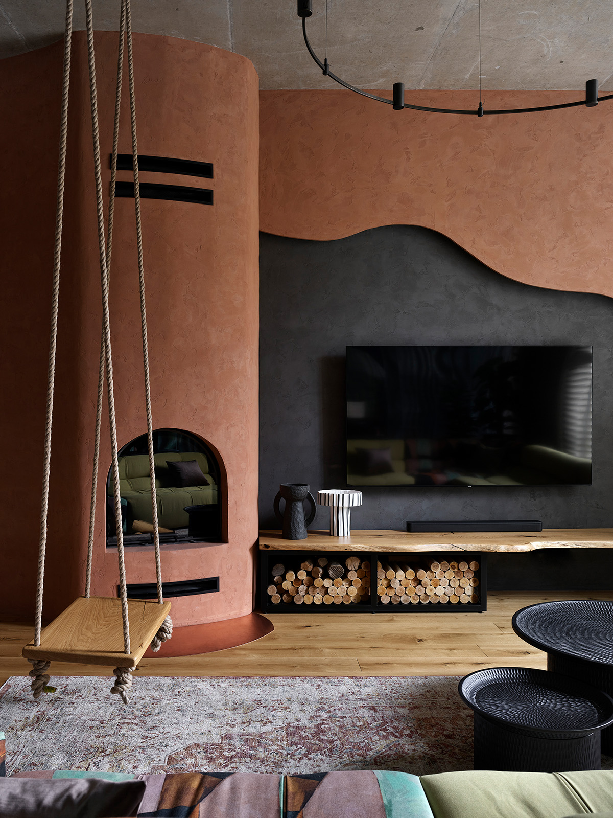 salon mur terracotta avec cheminée appartement design salon mur terracotta avec cheminée appartement design
