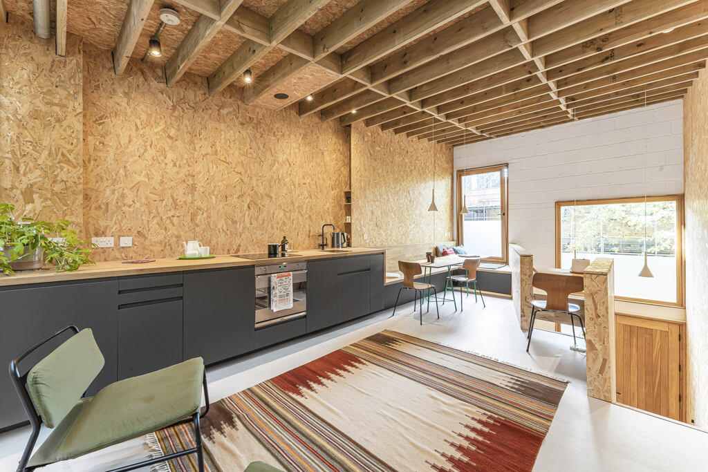 salon et cuisine ouverte grise design murs OSB petite maison 51m2