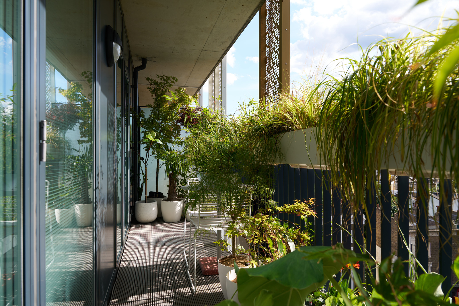 balcon abrité type loggia avec plantes vertes