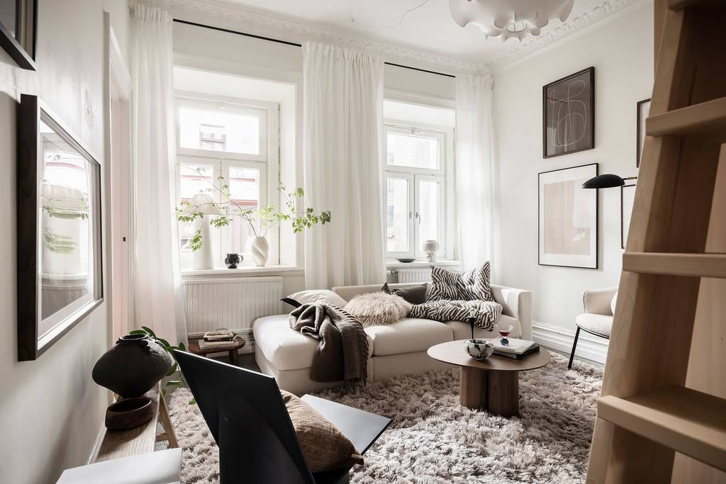 salon studio 35m2 décoration naturelle et scandinave avec lit mezzanine