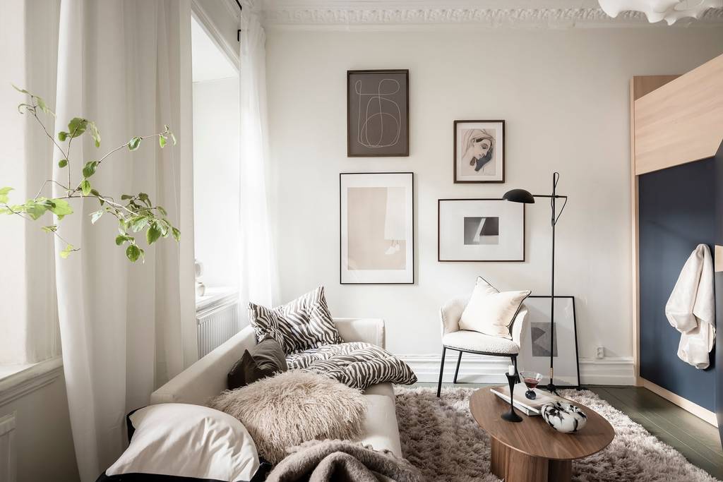 salon studio 35m2 décoration naturelle et scandinave avec lit mezzanine