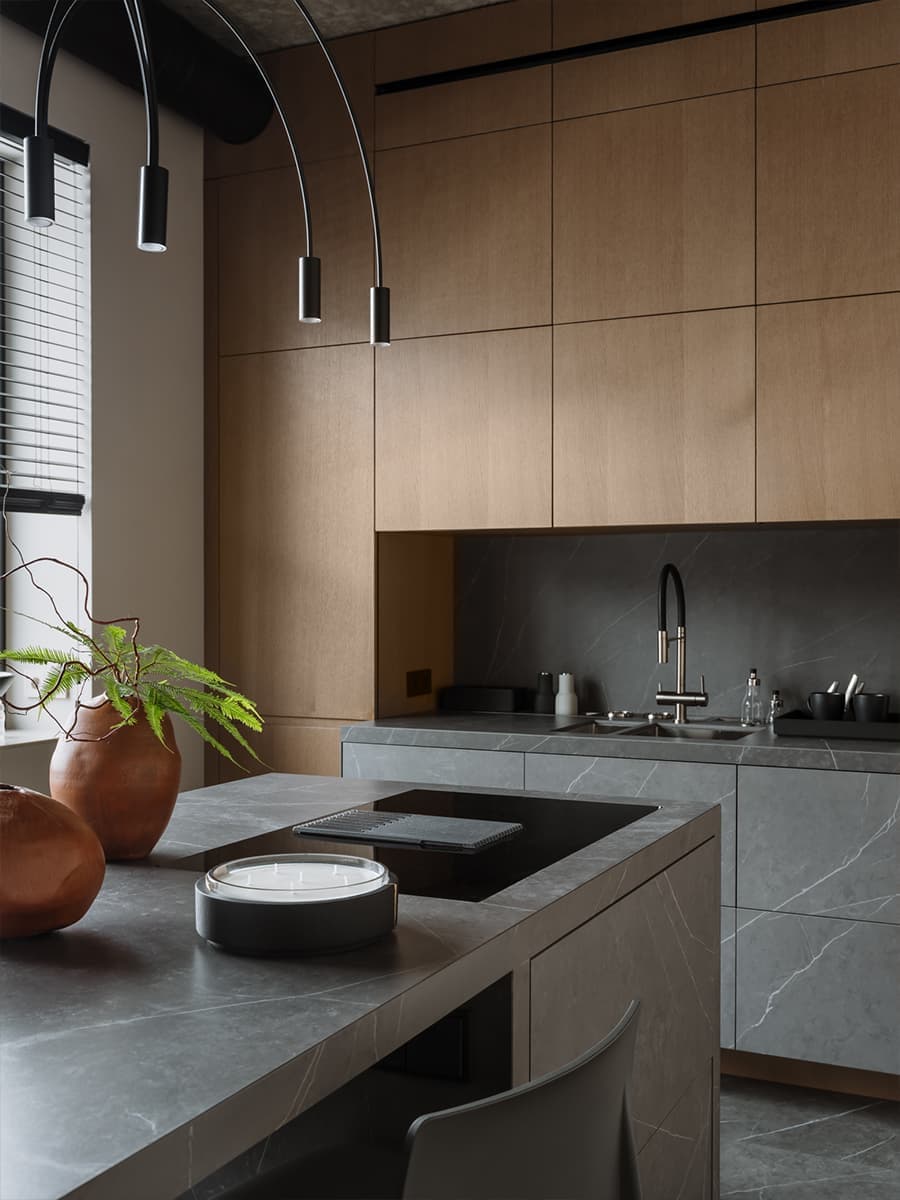cuisine avec îlot marbre gris et placards bois décoration design