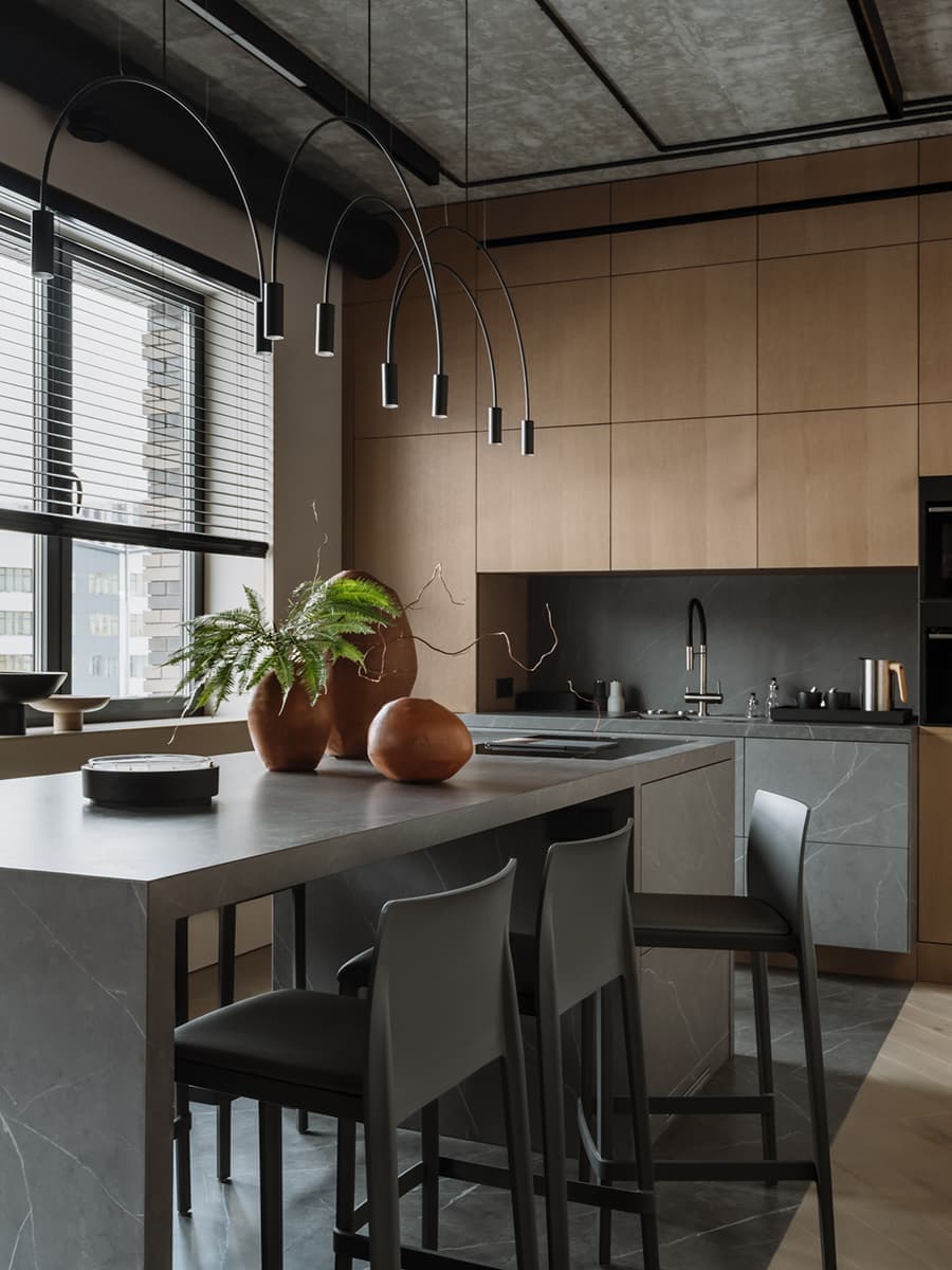 cuisine avec îlot marbre gris et placards bois décoration design