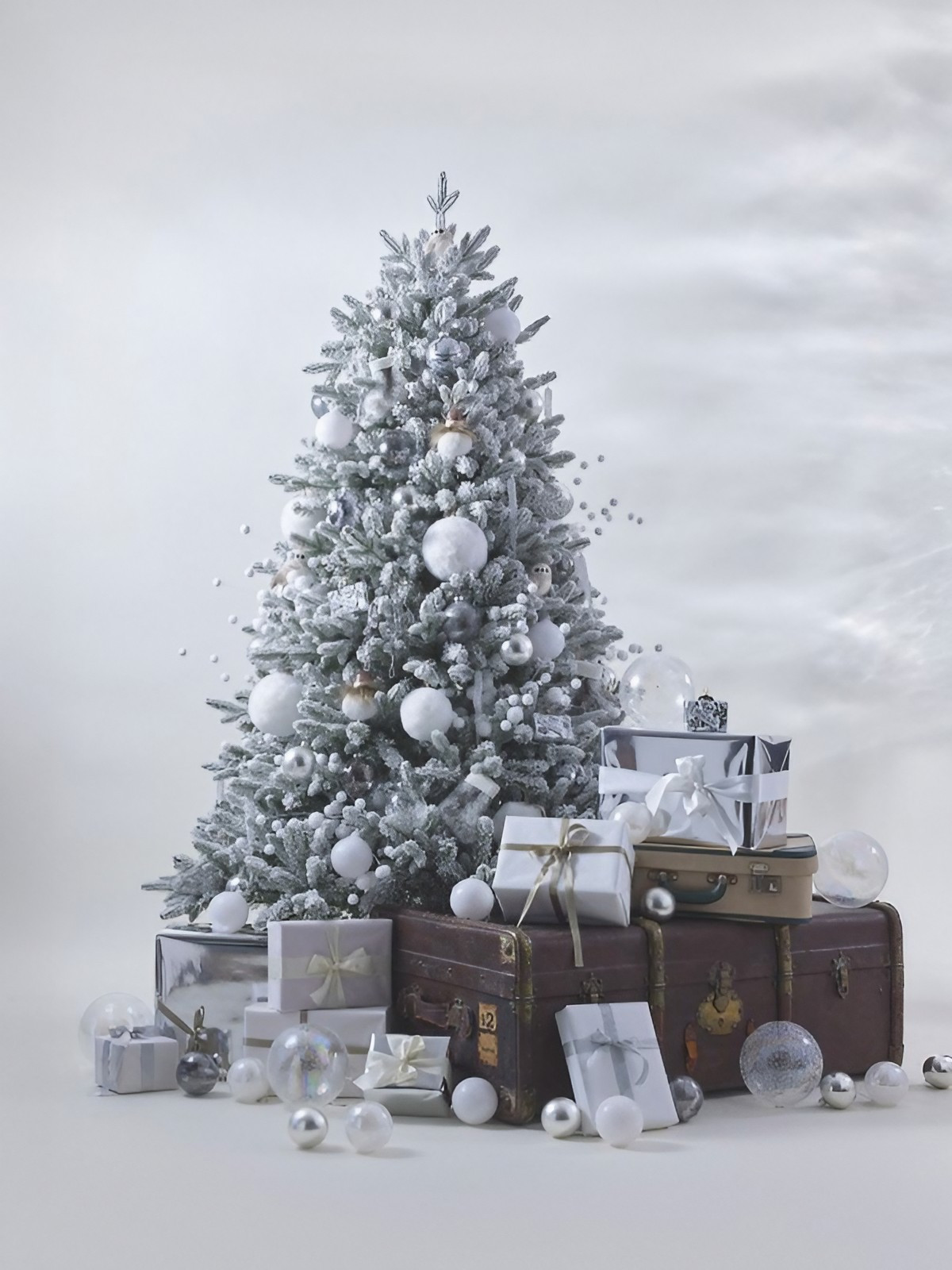 sapin et cadeux blanc et argent décoration Noël Maisons du Monde