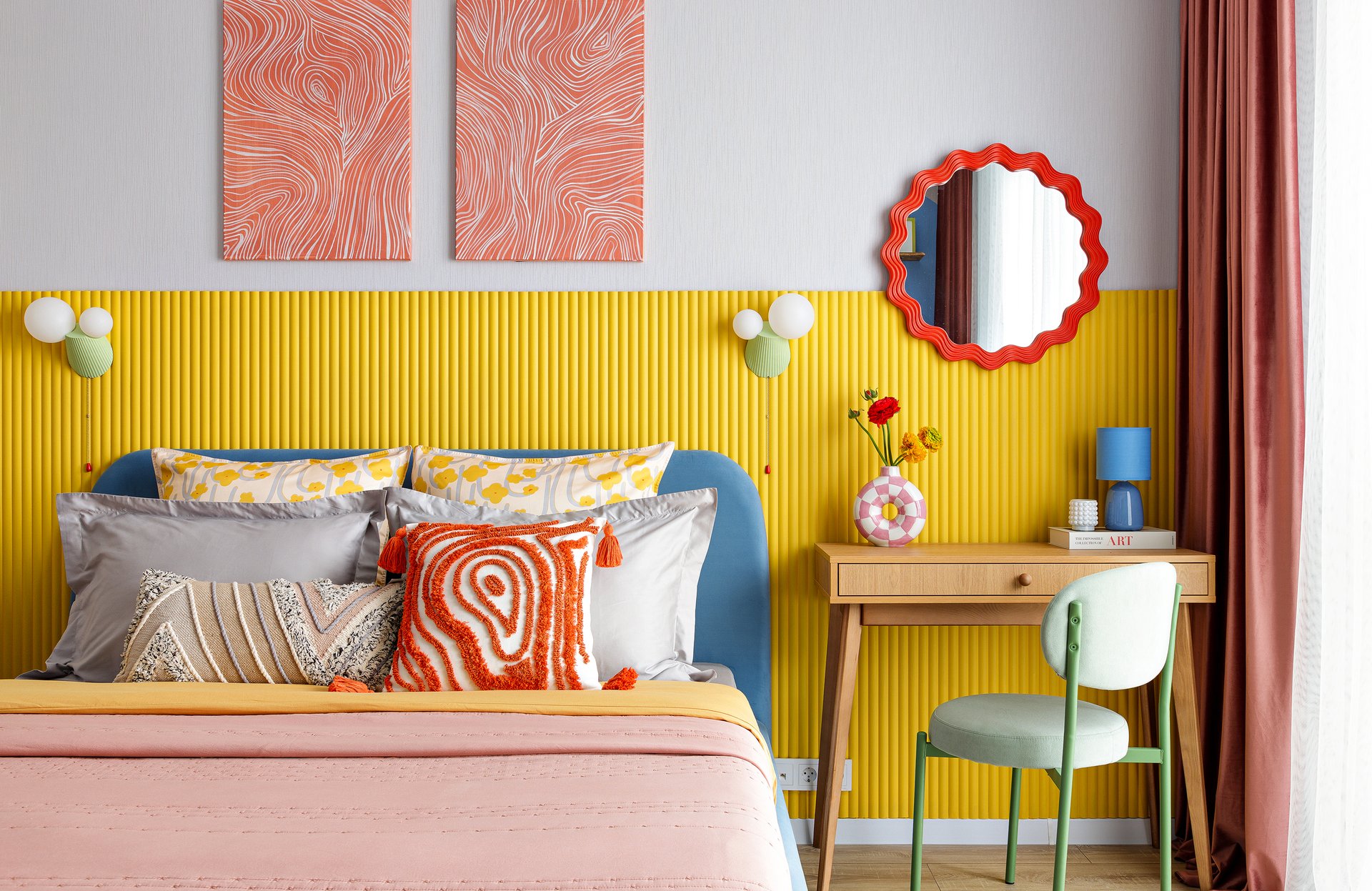 espace chambre petit studio 26m2 décoration colorée style Memphis espace chambre petit studio 26m2 décoration colorée style Memphis
