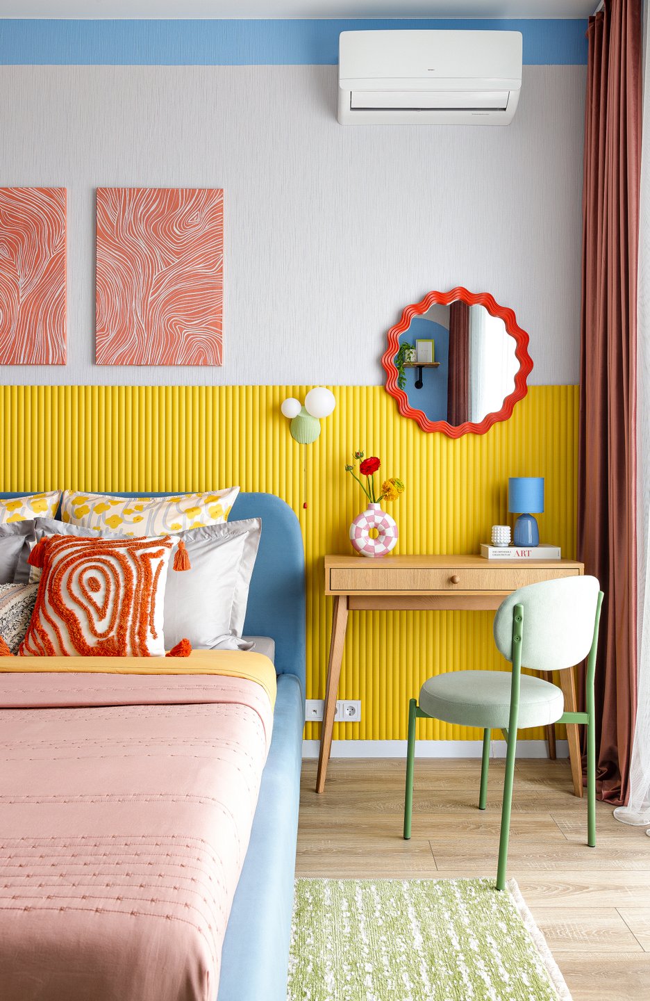 espace chambre petit studio 26m2 décoration colorée style Memphis espace chambre petit studio 26m2 décoration colorée style Memphis