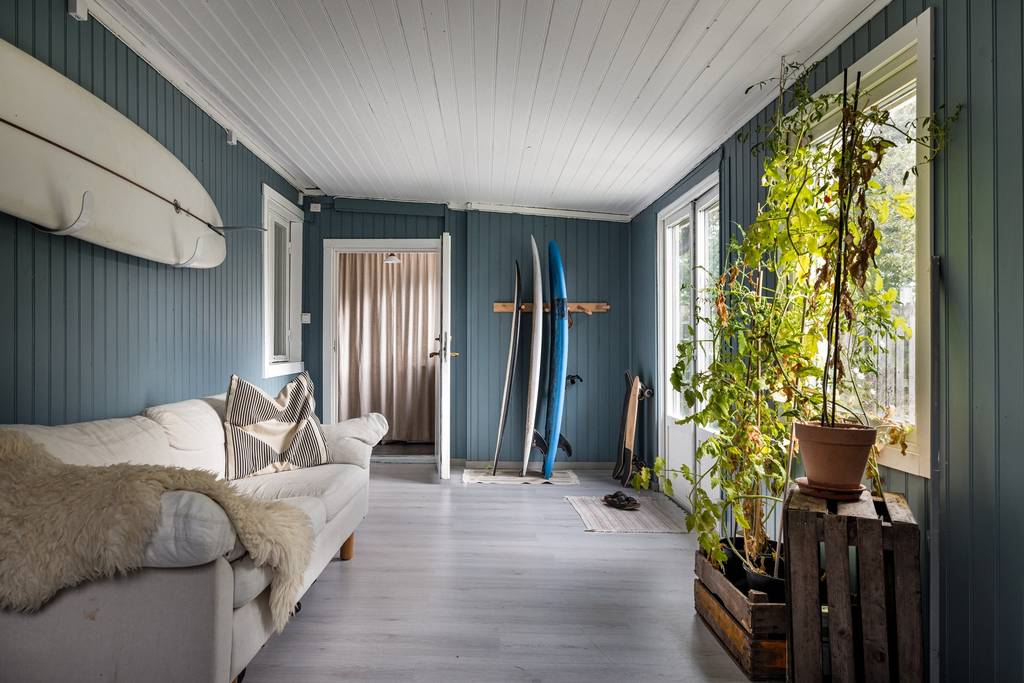 salon maison en bois murs bleus