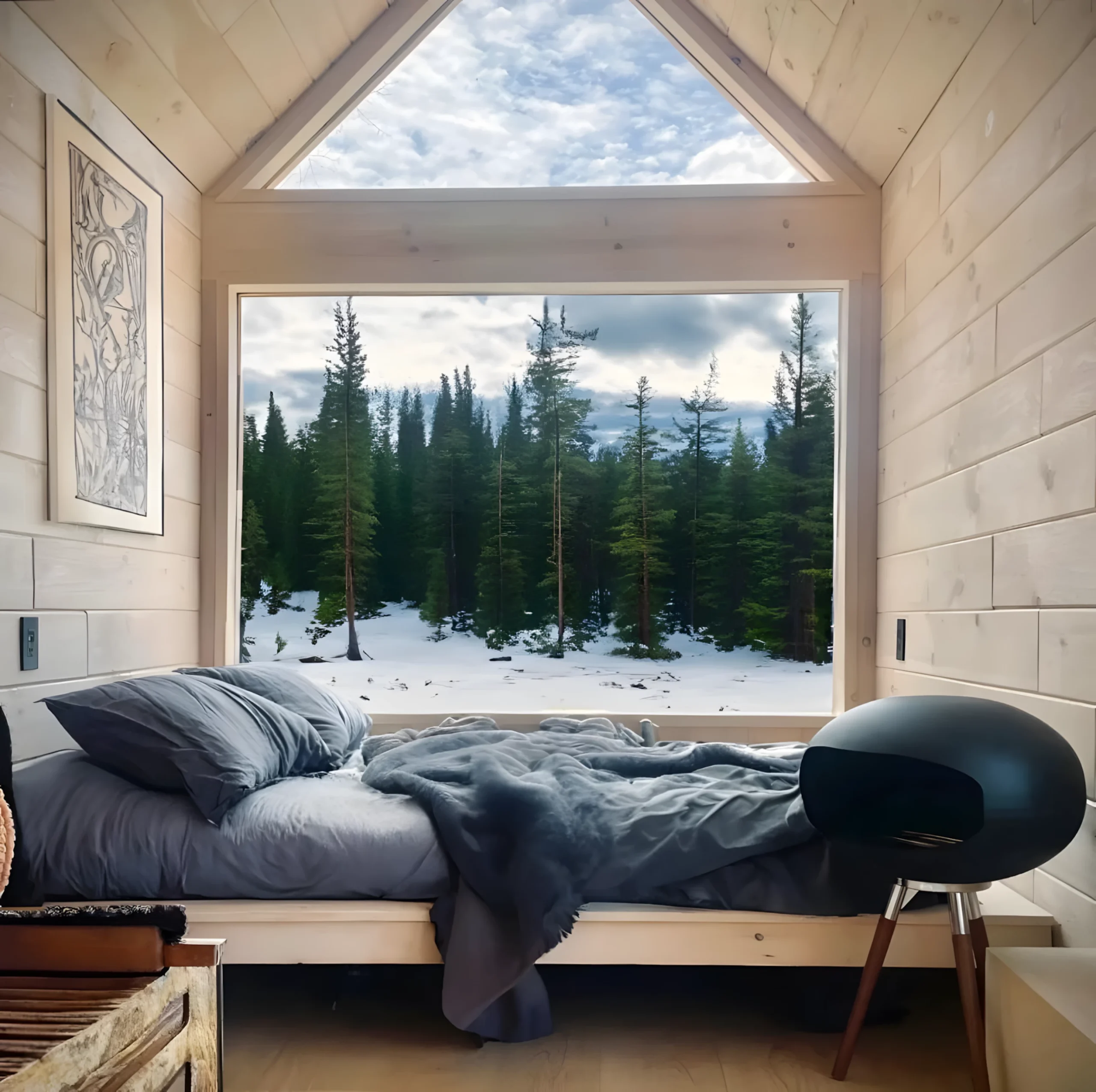 intérieur mini maison mobile Overnighter par Nordic & Spruce côté chambre avec pignon vitré intérieur mini maison mobile Overnighter par Nordic & Spruce côté chambre avec pignon vitré