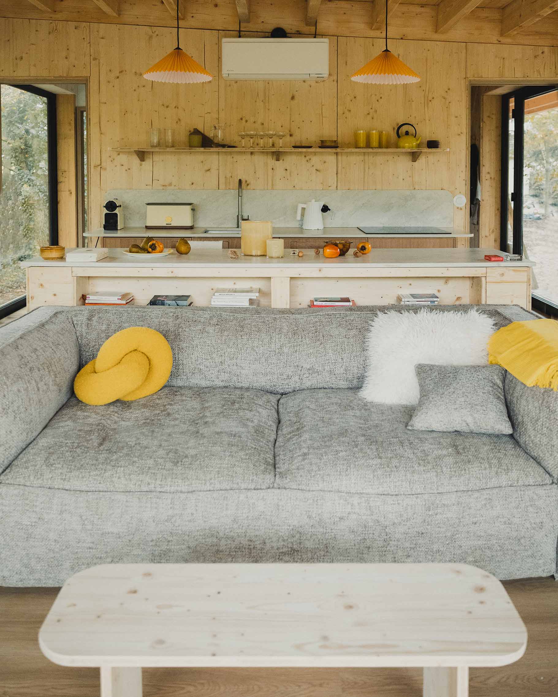 salon et cuisine petite maison en bois Bleu Bicoque
