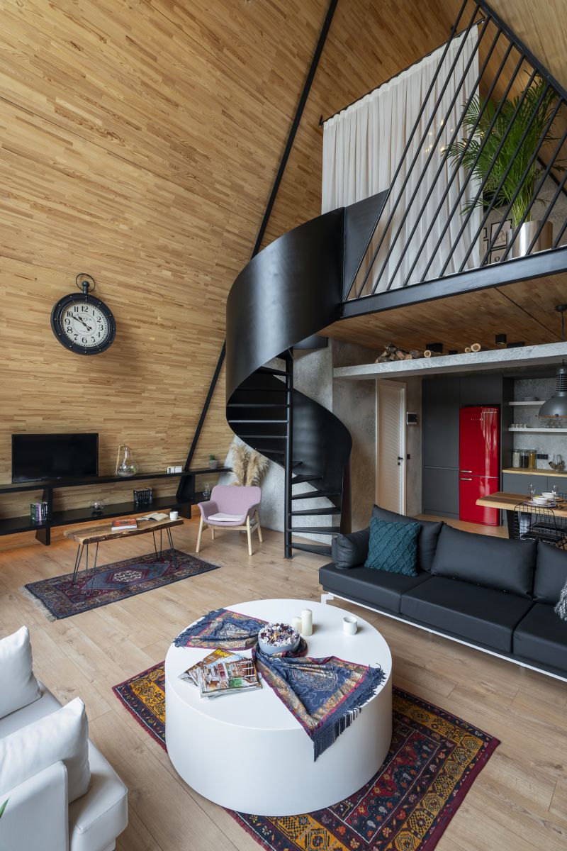 salon double hauteur maison A-Frame 82m2 décoration contemporaine