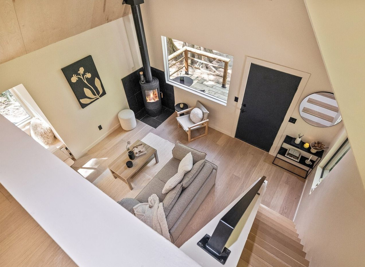 salon double hauteur décoration design naturelle petite maison 36m2