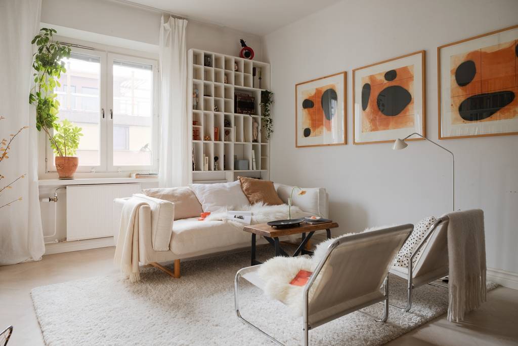 salon avec bibliothèques appartement 54m2 décoration scandinave et design