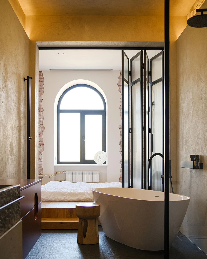 salle de bain porte pliante verre cannelé appartement 68m2 aux espaces ouverts style loft salle de bain porte pliante verre cannelé appartement 68m2 aux espaces ouverts style loft