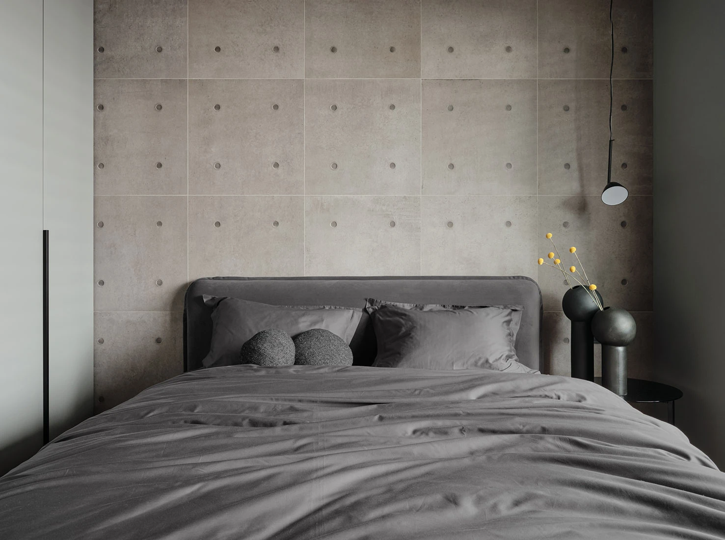 chambre mur papier-peint béton deux-pièces appartement 43m2 chambre mur papier-peint béton deux-pièces appartement 43m2