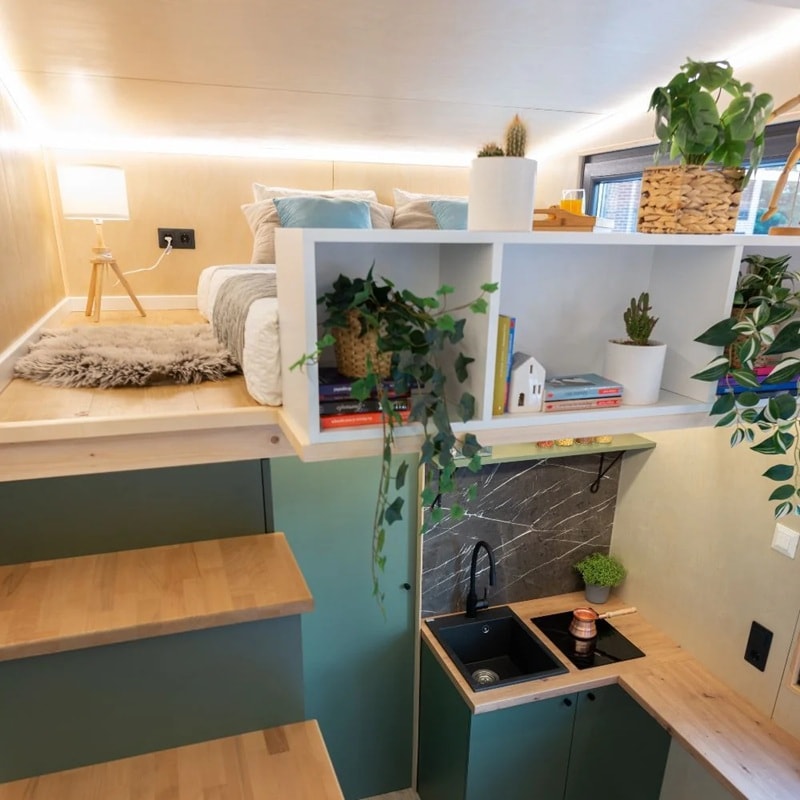 chambre sur mezzanine petite maison en bois 23m2 Aurora