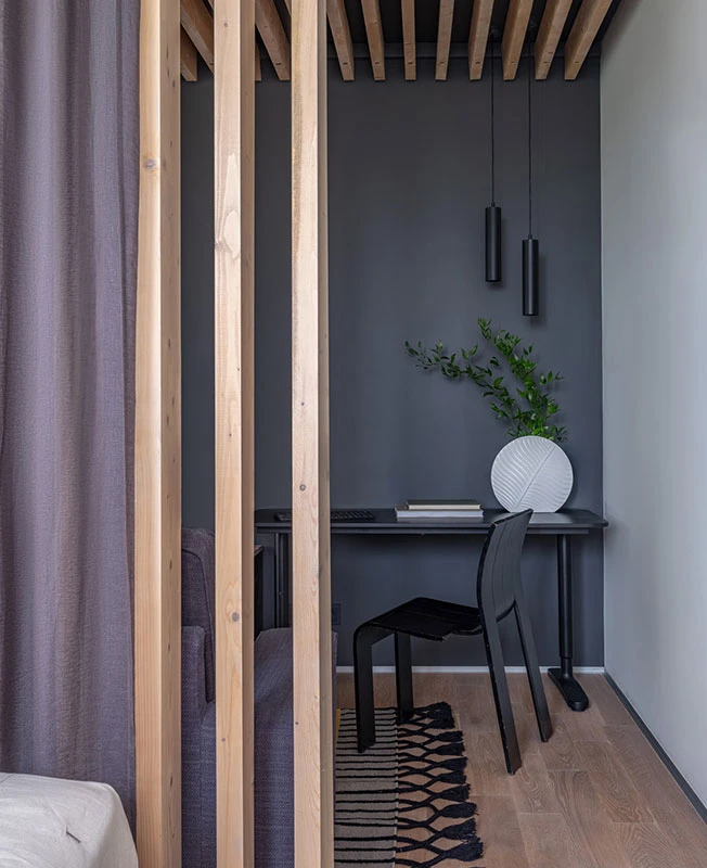 salon et chambre avec claustra bois appartement 39m2 décoration contemporaine