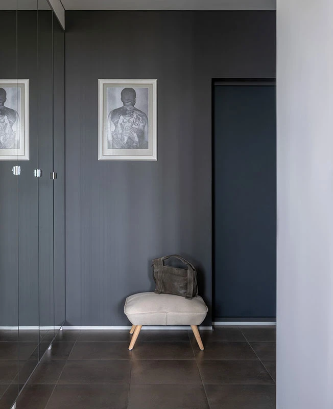 entrée murs gris avec placard miroir