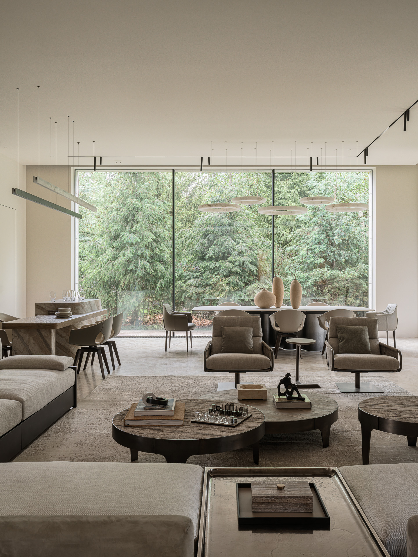 salon et salle à manger avec avec immenses baies vitrée panoramiques décoration contemporaine