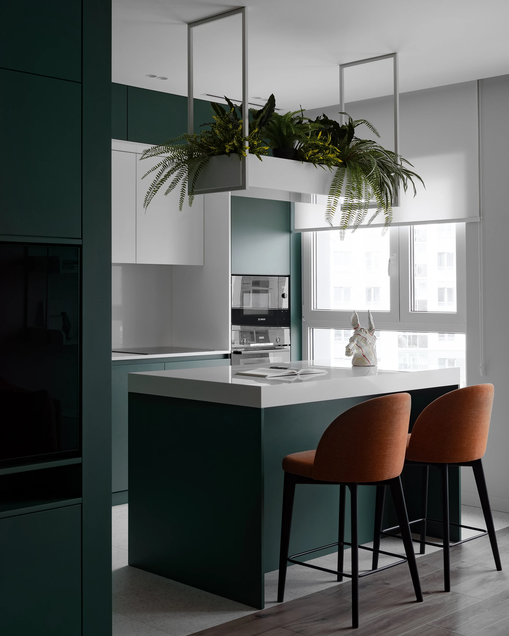 cuisine ouverte deux-pièces design 59m2 décoration verte et orange cuisine ouverte deux-pièces design 59m2 décoration verte et orange