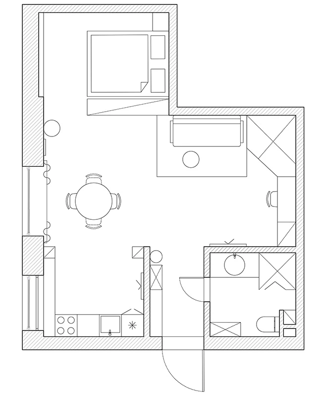 plan studio 40m2 avec coin nuit semi-fermé avec lit installé dans une alcôve