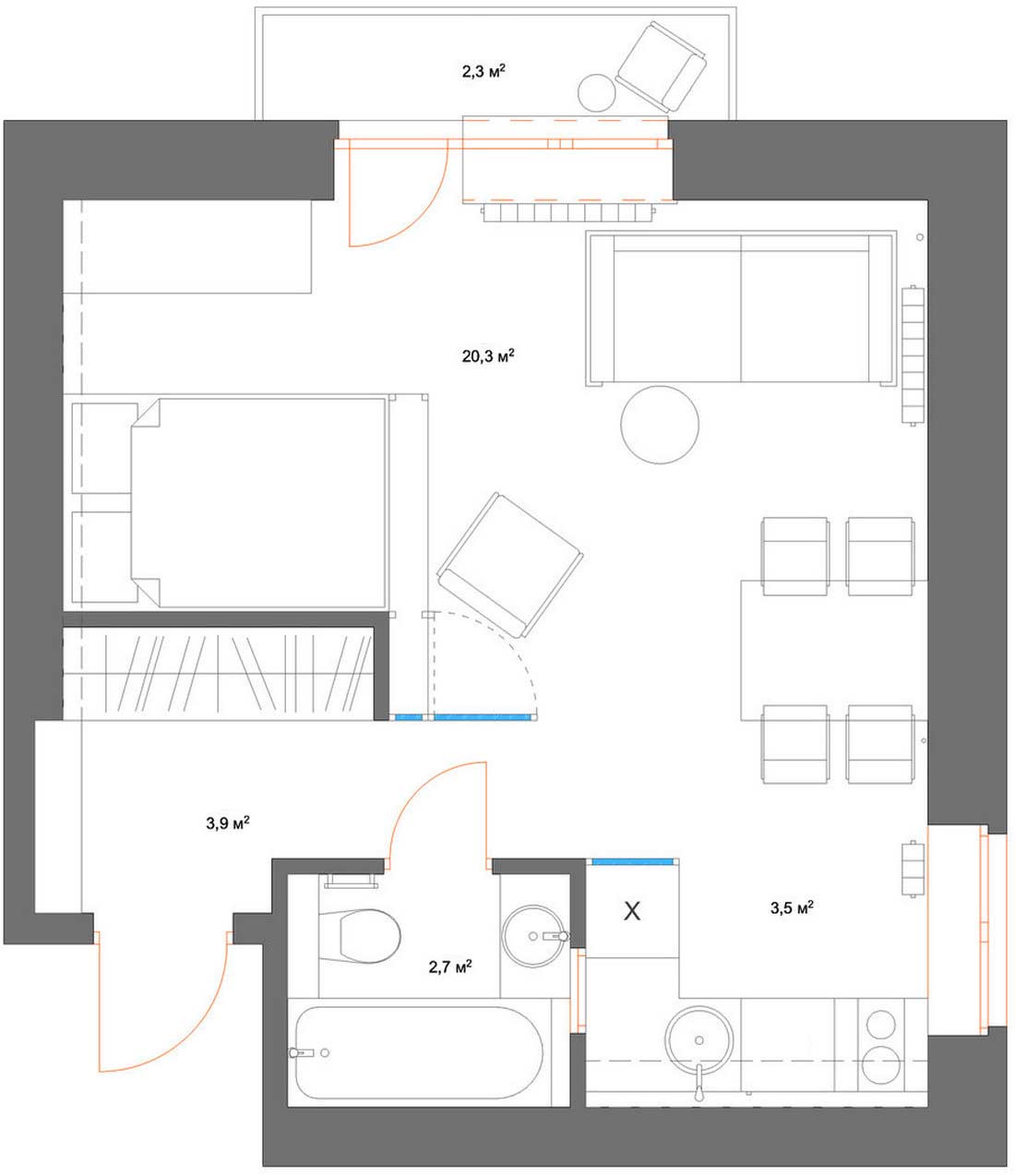 plan studio 33m2 décoration scandinave