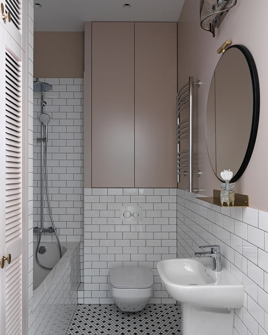 salle de bain appartement 50m2 avec portes verrières blanches plafond avec moulures décoration vintage