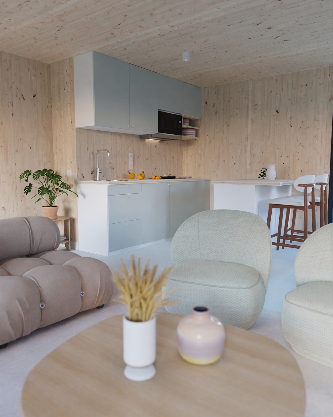 cuisine ouverte et salon maison en bois préfabriquée française Greenkub cuisine ouverte et salon maison en bois préfabriquée française Greenkub