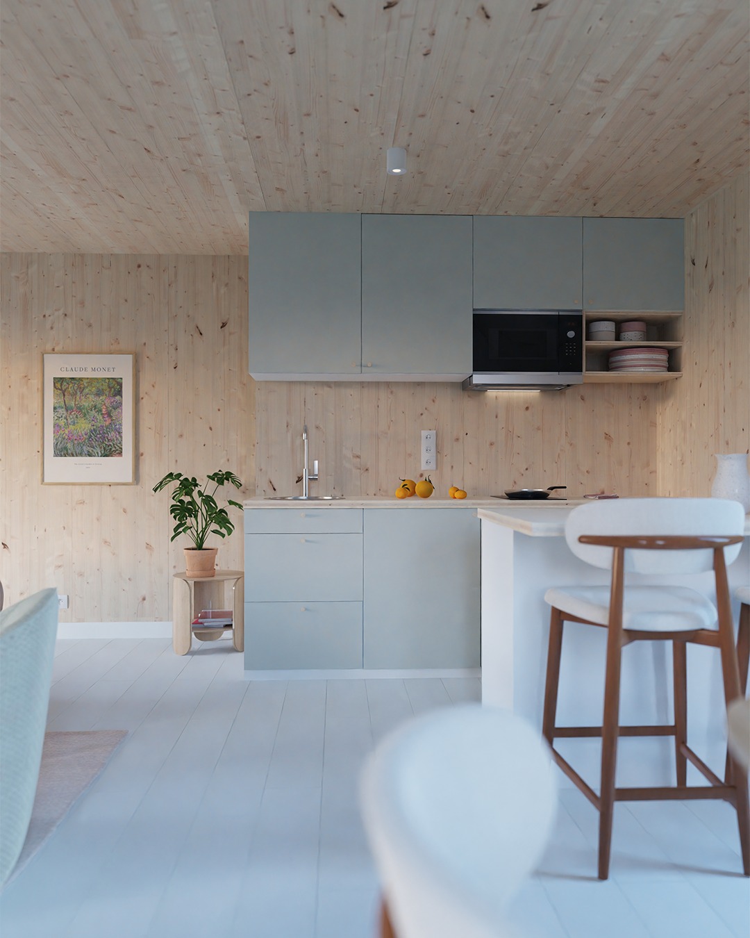 cuisine ouverte grise maison en bois préfabriquée française Greenkub cuisine ouverte grise maison en bois préfabriquée française Greenkub