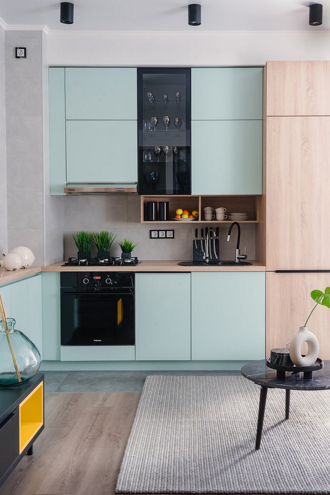 cuisine ouverte bleu clair et bois clair décoration contemporaine cuisine ouverte bleu clair et bois clair décoration contemporaine